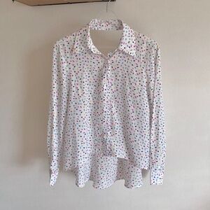 🪞 NEW button front open back long sleeve collar dress blouse top in white multi